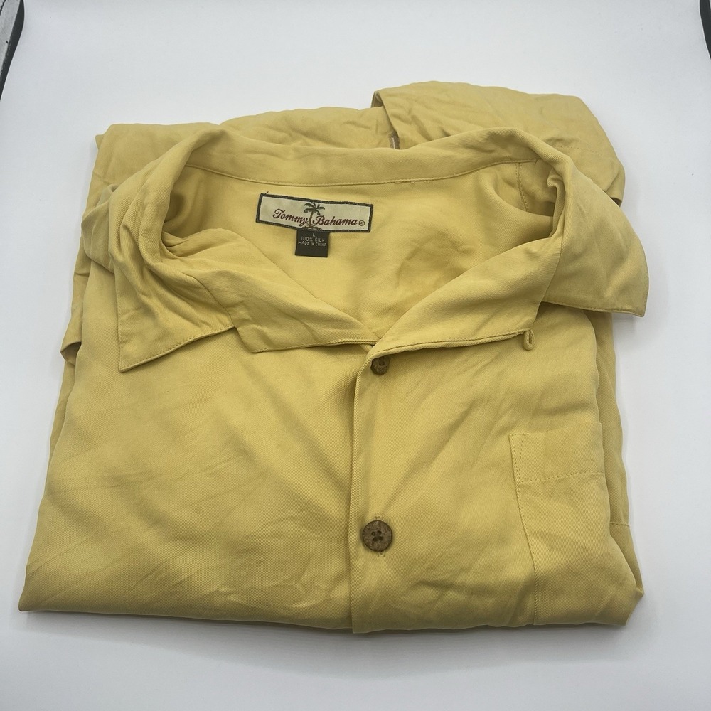 Tommy Bahama Shirt Mens‎ L Yellow Short Sleeve Button Up Beach Silk